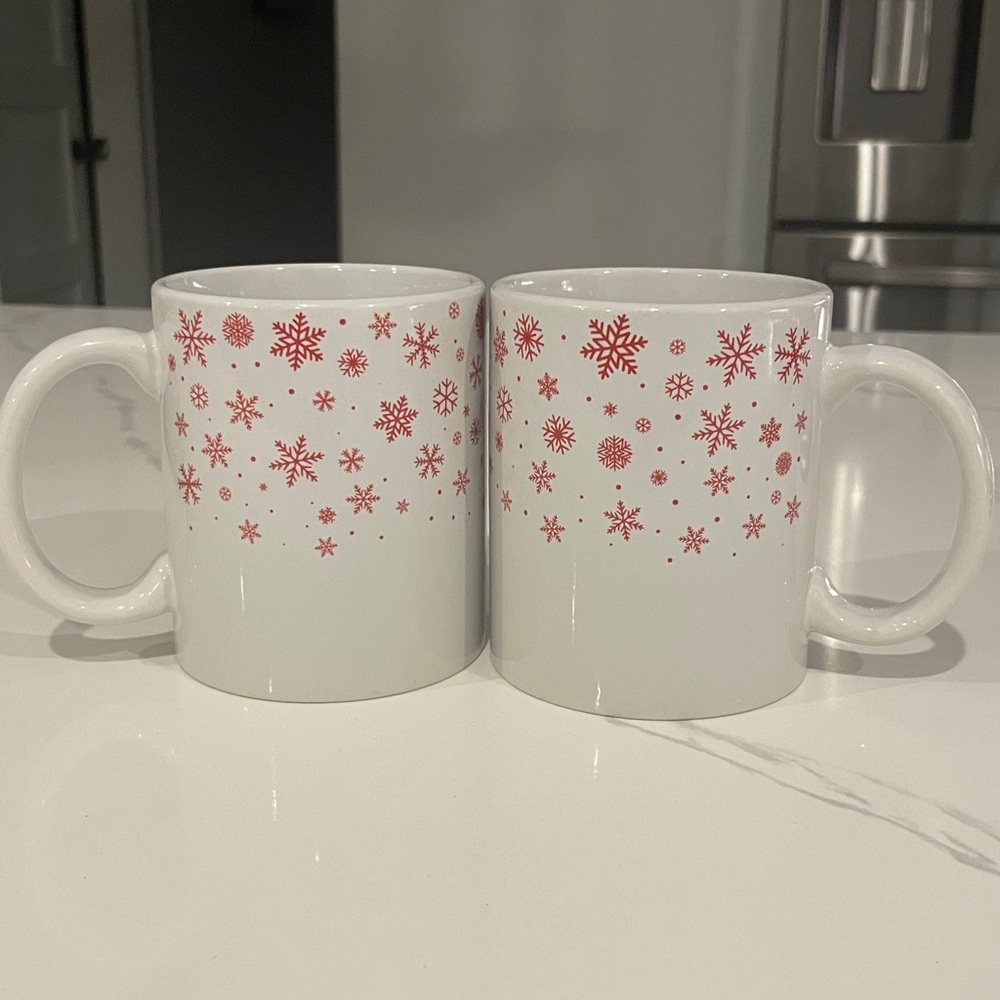 White Mugs with Red Snowflake Design